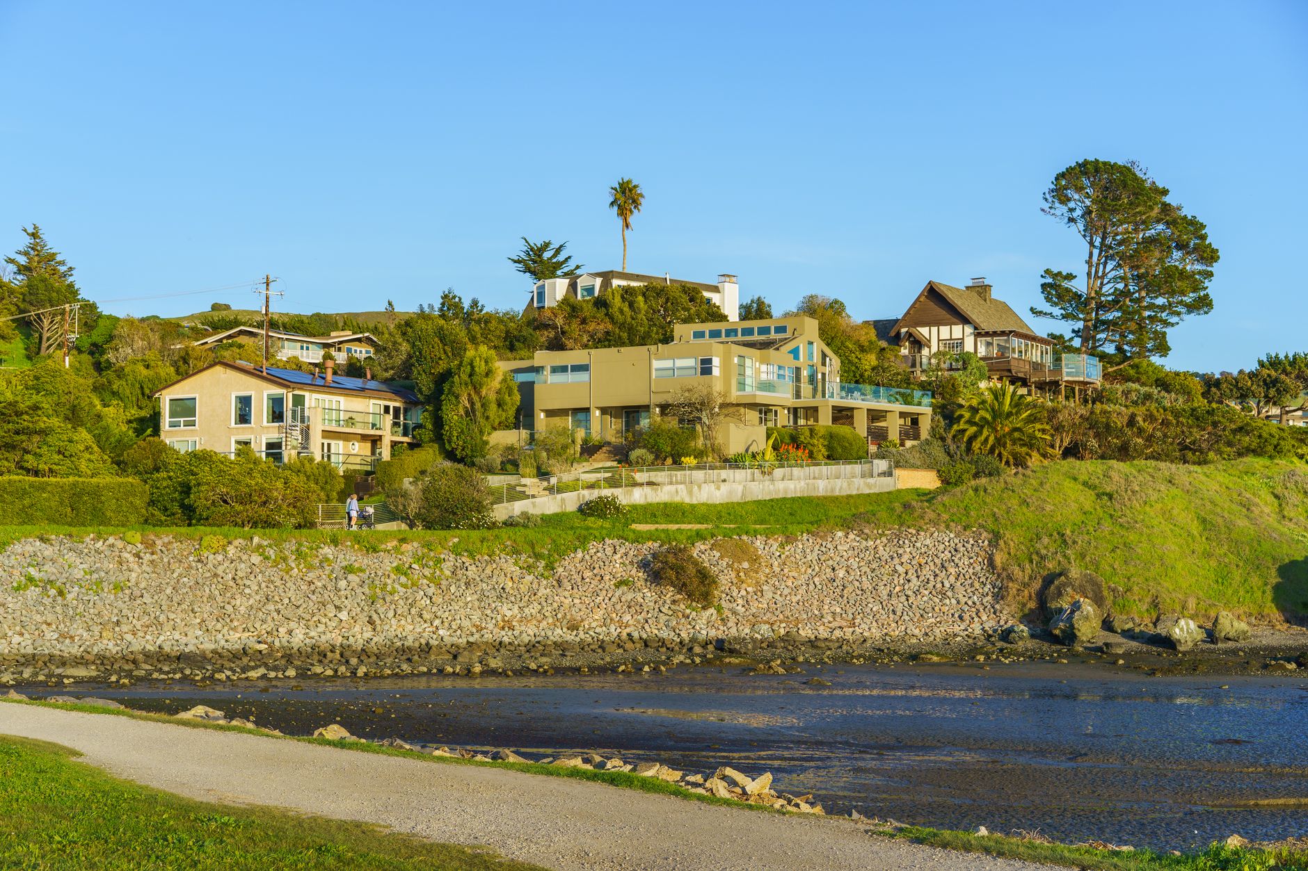 Charming coastal homes with lush greenery by a serene waterfront under a clear blue sky